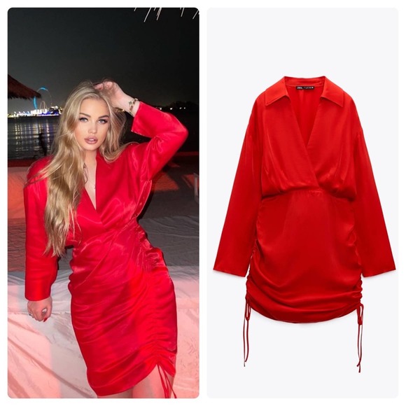 Zara Red Satin Finish Mini Dress With Draped Detail Size XS NWT New With Tags - Picture 1 of 10